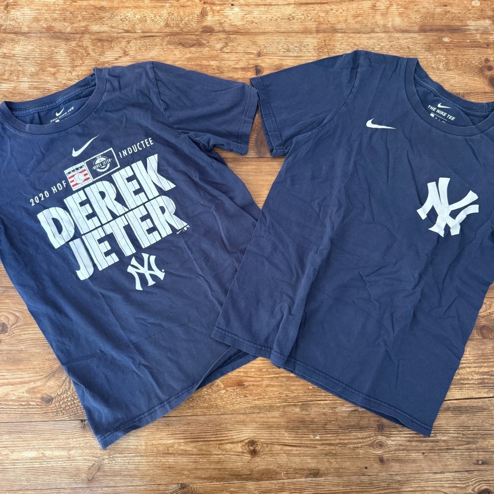 2 Nike NY Yankees Baseball Kids T-Shirt Navy Jeter & Cole Medium 10/12 EUC